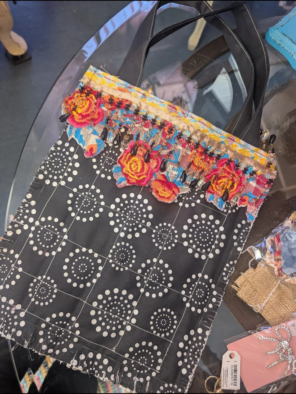 Boho Black & White Checkered Tote with Multicolor Embellished Trim